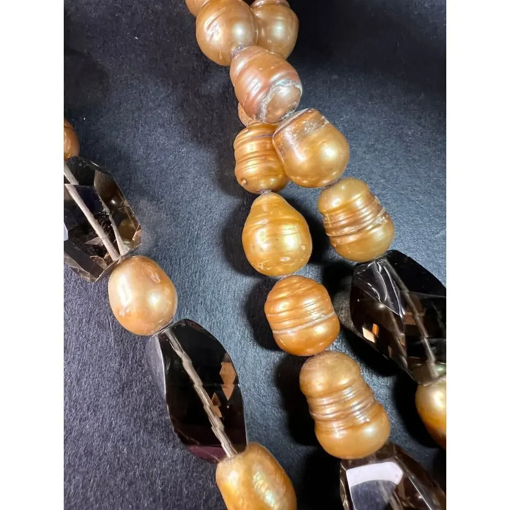 NEW smoky quartz and pearl multi strand necklace with sterling silver clasp